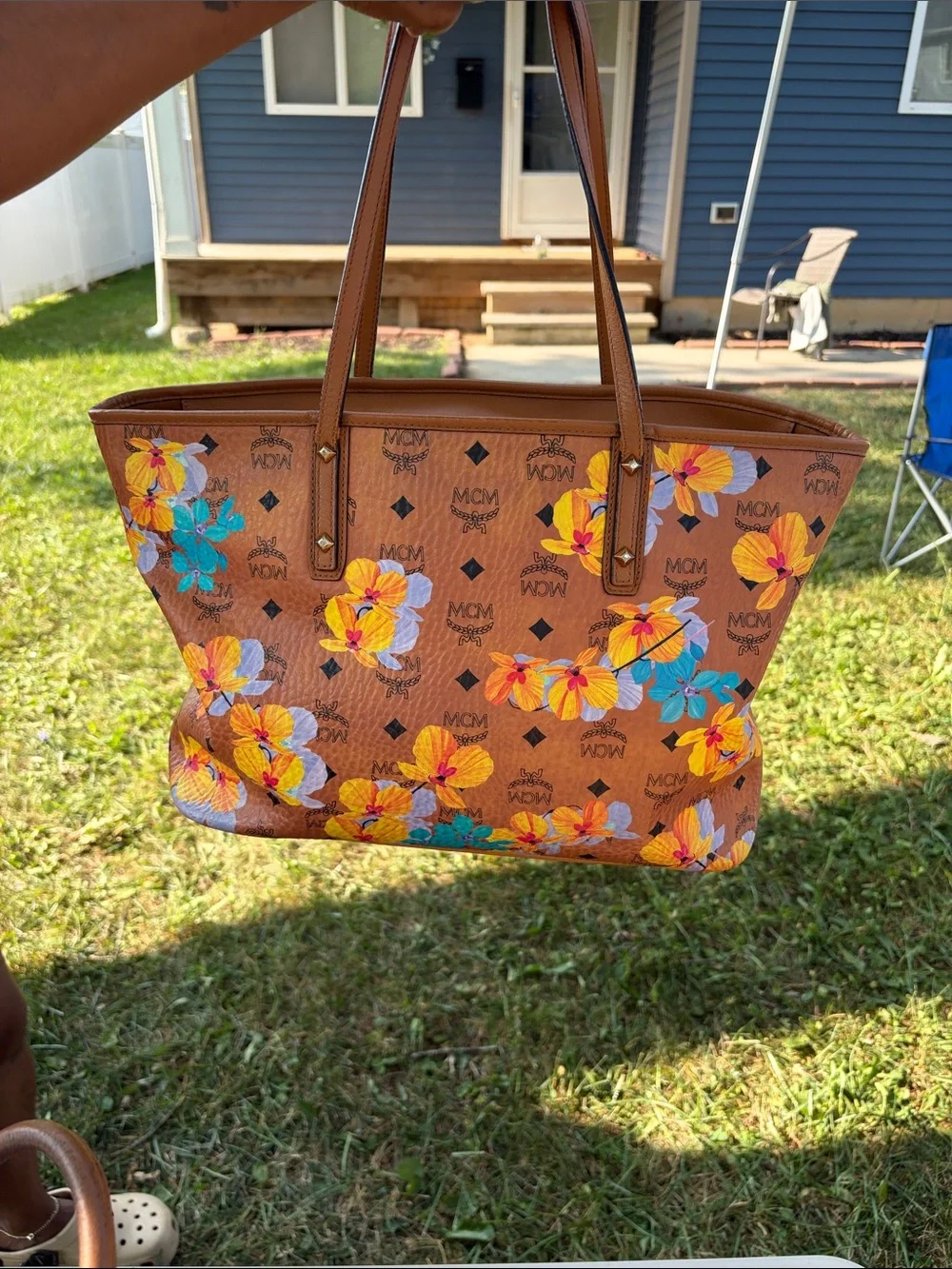 Authentic MCM Cognac Floral Visetos Tote with Yellow & Blue Accents